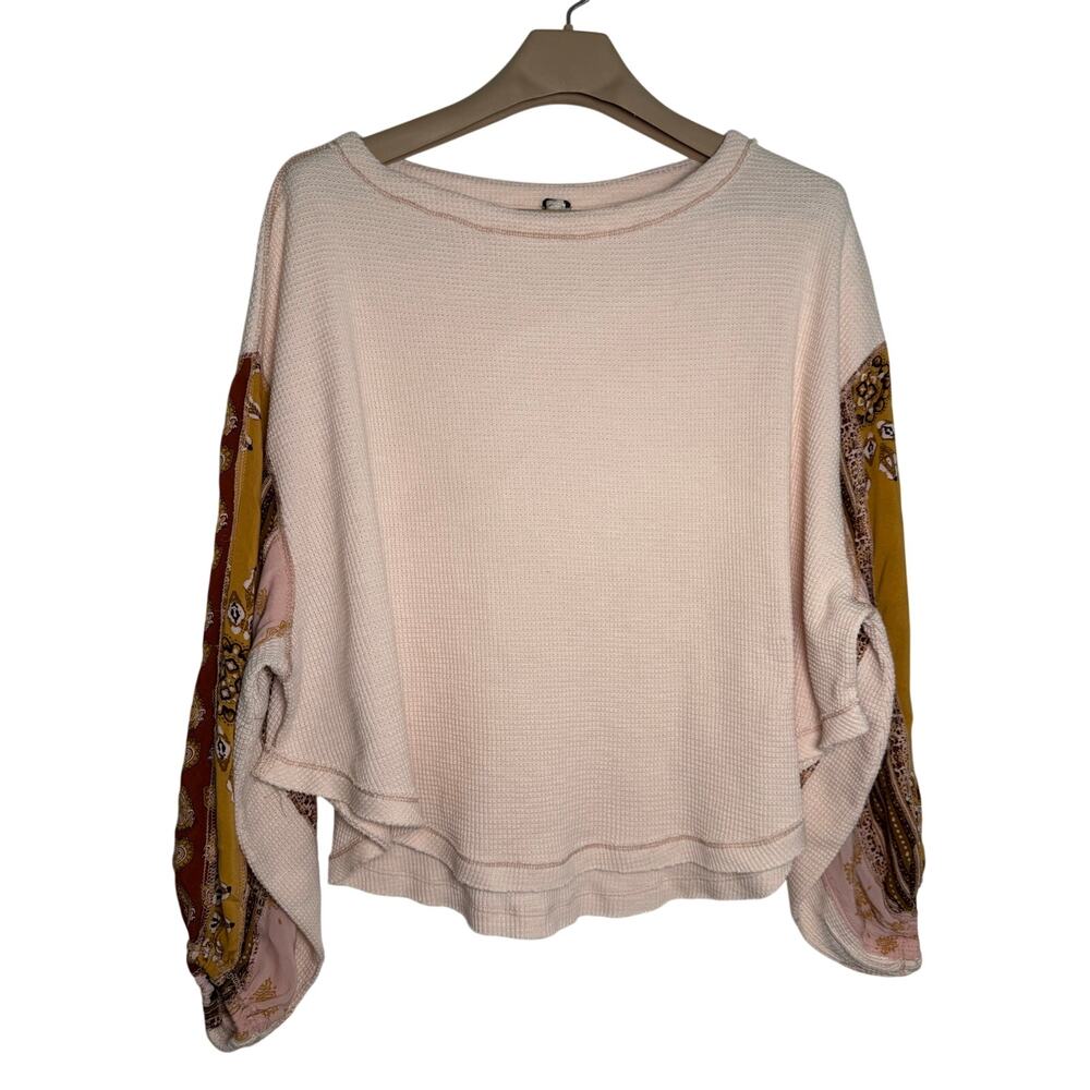 Free People We The Free Blossom Thermal top Waffle Knit Balloon Sleeves SMALL